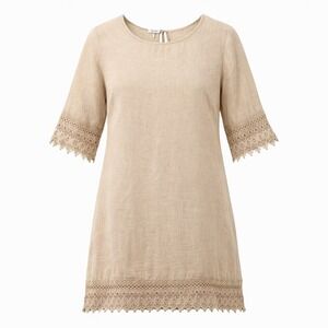 Stella Rosa Linen Shift Dress Crochet Lace Trim Women M Beige Italy Boho Cottage